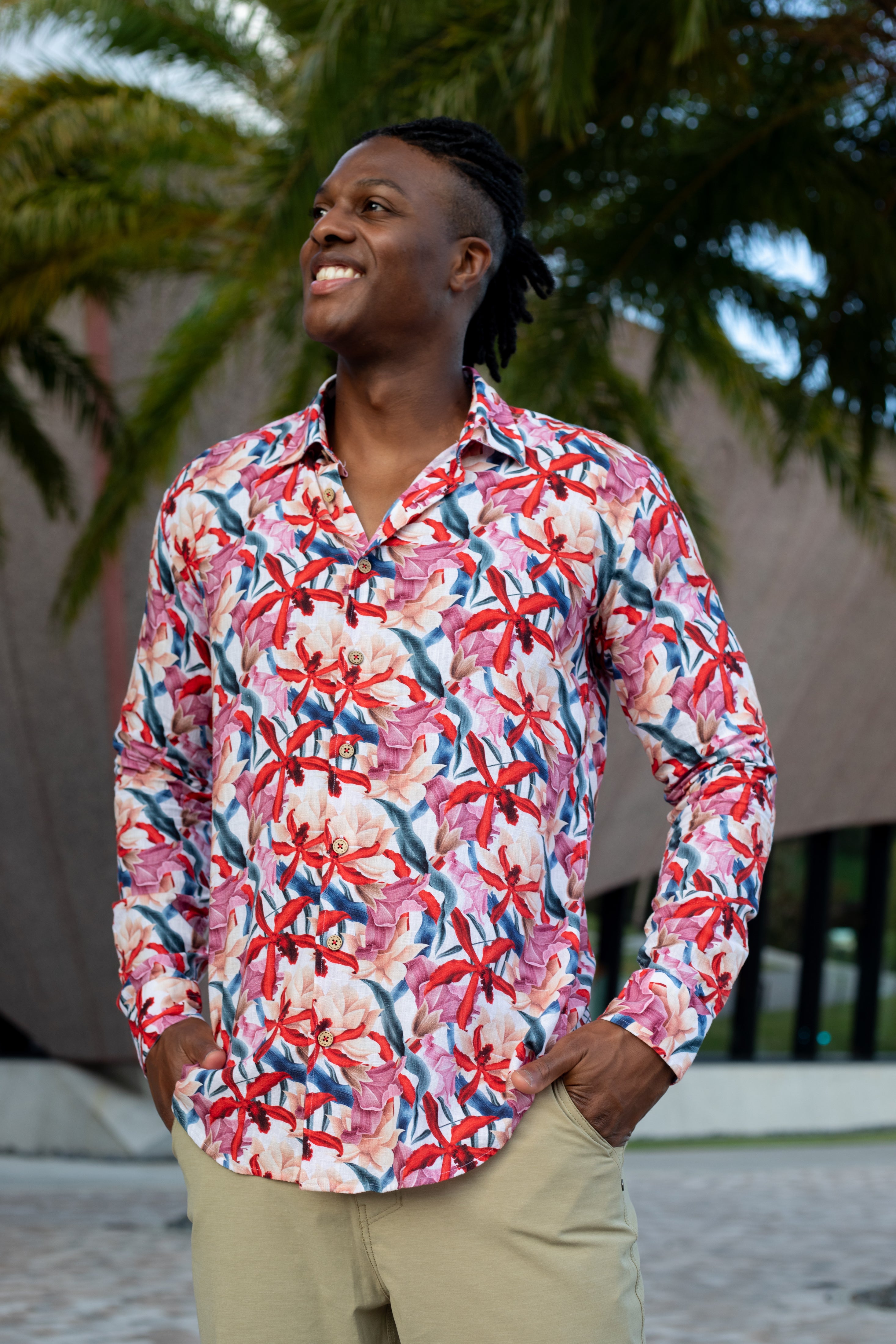 tropical dress shirts men tropical linen print CATTLEYA Long Sleeve shirt MILMAR